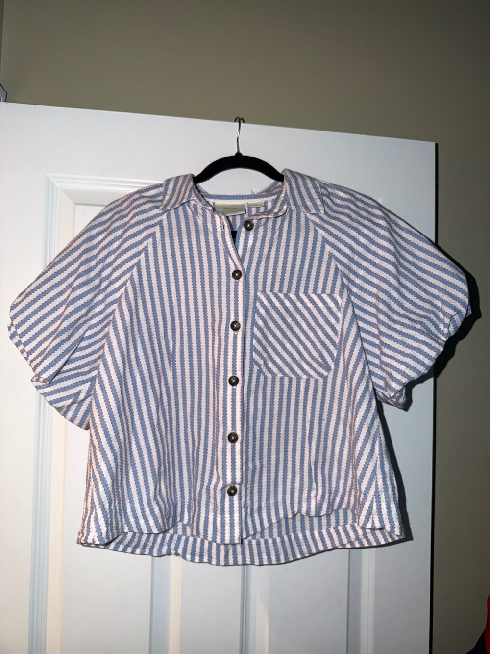 Anthropologie White and Blue Striped Button-Front Top